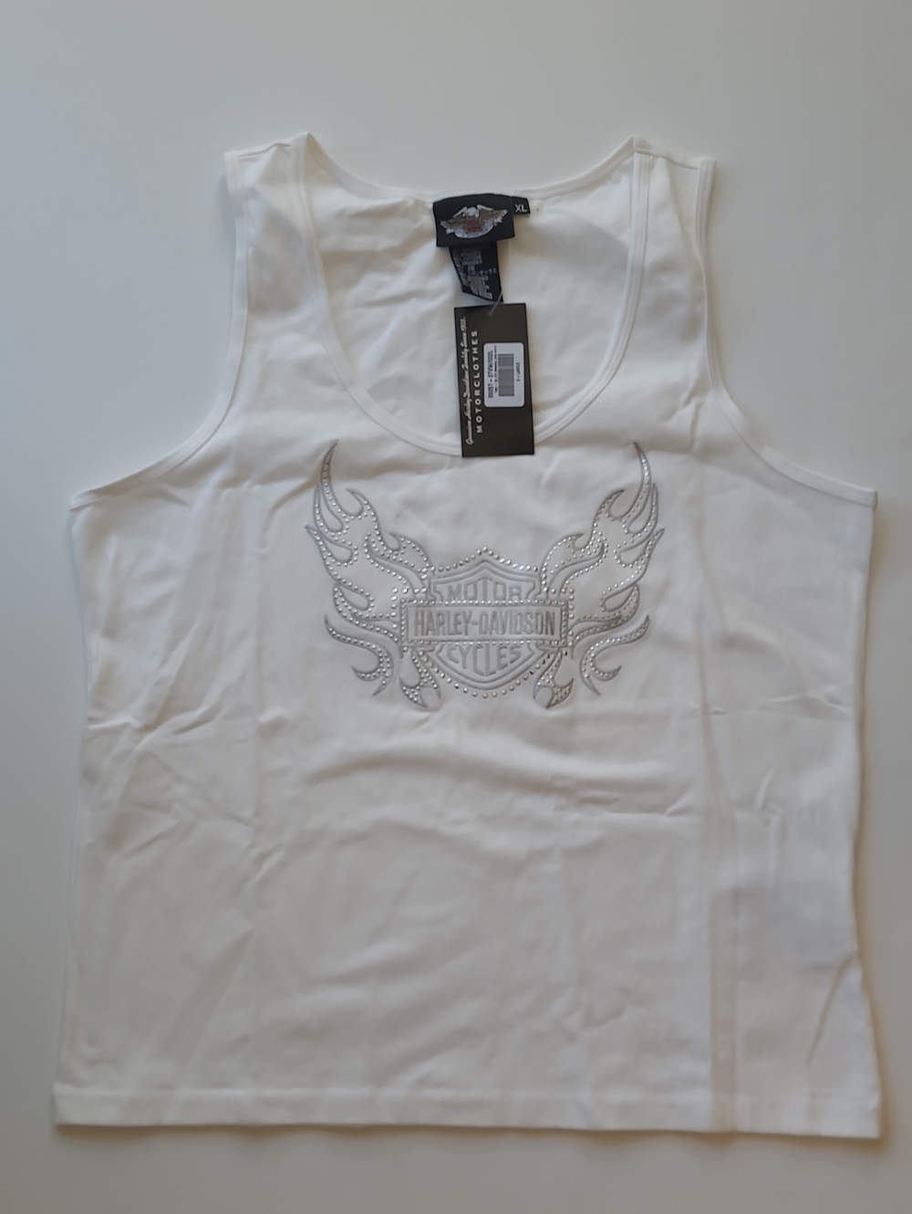 Harley-Davidson White Tank Top with Silver Rhinestone Wing Logo